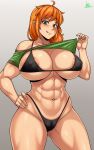  1girl abs absurdres alex_(minecraft) areola_slip areolae bikini black_bikini braid breasts clothes_lift green_eyes highres huge_breasts jmg large_areolae long_hair looking_at_viewer minecraft muscular muscular_female nipples orange_hair reward_available shirt_lift side_ponytail swimsuit thick_thighs thighs tomboy wide_hips 