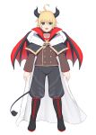  1boy :d ahoge bangs black_capelet black_choker black_footwear black_pants blonde_hair blue_eyes boots brown_jacket capelet choker cloak collarbone commentary_request copyright_request cross-laced_footwear demon_boy demon_horns demon_tail demon_wings eyebrows_behind_hair full_body hair_between_eyes highres horns jacket lace-up_boots looking_at_viewer olive_(laai) pants puffy_pants red_wings simple_background smile solo tail virtual_youtuber white_background white_cloak wings 