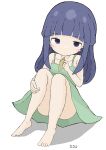  1girl absurdres bangs bare_arms bare_shoulders barefoot blush_stickers closed_mouth commentary_request dress eyebrows_visible_through_hair furude_rika green_dress highres higurashi_no_naku_koro_ni holding knees_up long_hair looking_at_viewer purple_eyes purple_hair rururu_(pyrk8855) shadow sleeveless sleeveless_dress solo white_background 