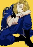  1girl black_footwear black_shirt blonde_hair blue_jacket blue_pants boots bracelet brown_eyes commentary_request fullmetal_alchemist highres jacket jewelry long_hair looking_at_viewer military military_uniform ozaki_(tsukiko3) pants parted_lips riza_hawkeye shirt simple_background sitting solo uniform yellow_background 