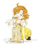  1girl =_= absurdres ahoge asymmetrical_bangs bangs blush_stickers dress eating food fork highres holding holding_fork idolmaster idolmaster_million_live! maple_syrup one_side_up orange_hair pancake pinafore_dress simple_background solo stack_of_pancakes tsurumai_kada white_background yabuki_kana yellow_dress 