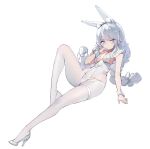  1girl animal_ear_fluff animal_ears azur_lane bangs bare_shoulders between_breasts blue_eyes blunt_bangs braid breasts choker closed_mouth english_commentary expressionless eyebrows_visible_through_hair eyelashes frills full_body hair_ornament high_heels highleg highleg_leotard knee_up le_malin_(azur_lane) le_malin_(listless_lapin)_(azur_lane) leotard looking_at_viewer sdustz simple_background small_breasts solo symbol-shaped_pupils thigh_strap twin_braids white_background white_choker white_hair white_legwear white_leotard wrist_cuffs 