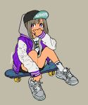  1girl grey_background grey_hair hat jacket mago original purple_eyes shoes short_shorts shorts simple_background skateboard sneakers socks sukajan tearing_up 