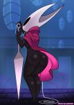 absurd_res anthro arthropod black_body black_eyes butt claws clothed clothing detailed_background female hi_res hollow_knight hornet_(hollow_knight) insect multicolored_body partially_clothed solo spiralart_(artist) team_cherry two_tone_body video_games weapon white_body 