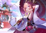  1girl absurdres blue_sky breasts bugegehaibugouse cherry_blossoms day fox genshin_impact highres holding holding_umbrella japanese_clothes long_hair looking_at_viewer miko petals pink_hair purple_eyes scenery shrine sideboob sky smile solo stairs statue tree umbrella yae_miko 