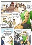  anthro boss_(gym_pals) bottomwear bovid bovine canid canine canis cattle clothing comic dialogue english_text equid equine felid giant_panda gym_pals h155296 hat headgear headwear hi_res male mammal manager_(gym_pals) myosotis_(gym_pals) nipple_piercing nipples pal_(gym_pals) pantherine piercing shirt shorts tank_top text tiger topwear ursid wolf 