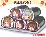  &gt;_&lt; 5girls :3 =_= bangs blush_stickers brown_hair chibi closed_eyes closed_mouth domino_mask eating el_condor_pasa_(umamusume) food grass_wonder_(umamusume) grey_hair hair_ornament hairpin horse_girl king_halo_(umamusume) kyou_(fr39) laughing long_sleeves makizushi mask multicolored_hair multiple_girls ojou-sama_pose outstretched_arms ponytail seiun_sky_(umamusume) smile special_week_(umamusume) sushi two-tone_hair umamusume v-shaped_eyebrows yen 