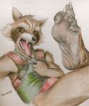  5_toes anthro claws feet foot_fetish foot_focus ftrccn gesture guardians_of_the_galaxy hi_res looking_at_viewer male mammal marvel middle_finger procyonid raccoon rocket_raccoon solo toe_claws toes tongue tongue_out 