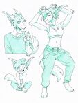  anthro big_ears canid chest_tuft clothing crop_top dancing digital_media_(artwork) drawstring drawstring_bottomwear elbow_tufts female gesture green_and_white hair hi_res looking_at_viewer mammal monochrome multiple_poses navel pockets portrait pose rinkusu69 shirt short_hair simple_background sitting smile smirk solo standing sweatpants tomboy topwear tuft unknown_species v_sign wristband 
