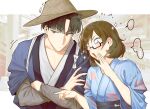  1boy 1girl bangs black_hair blank_speech_bubble blue_eyes blush breasts brown_eyes brown_hair closed_mouth crossed_arms english_commentary eyebrows_visible_through_hair floral_print genshin_impact glasses hat highres japanese_clothes kama_(genshin_impact) kimono long_sleeves obi sash simple_background small_breasts sparkle speech_bubble sumida_(genshin_impact) tasuki twitter_username upper_body wagatomoya wide_sleeves 