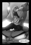  2022 anthro barefoot biped black_border border bottomwear buckteeth canid canine clothed clothing comic dialogue disney duo elbow_tuft english_text eyes_closed feet female fox foxxj french_kissing gloves_(marking) greyscale head_tuft hi_res interspecies judy_hopps kissing kneeling lagomorph leporid male male/female mammal markings monochrome nick_wilde on_lap pants predator/prey rabbit scut_tail short_tail shoulder_tuft speech_bubble teeth text topless tuft unseen_character zootopia 