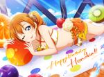  1girl ball bangs beachball bikini birthday blue_eyes cherry food fruit hair_ornament highres kiwi_(fruit) kousaka_honoka love_live! love_live!_school_idol_project lying navel on_side one_eye_closed orange_(fruit) orange_hair shiratama_(siratama_ll) side_ponytail solo swimsuit tongue tongue_out 