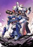  2boys arm_cannon chinese_commentary daier decepticon glowing gun highres holding holding_gun holding_weapon kneeling looking_down mecha megatron multiple_boys no_humans open_hand parted_lips science_fiction sky smile smoke soundwave transformers visor weapon 