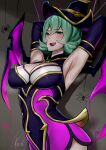  absurdres armpits bangs bewitching_elise black_dress black_headwear black_sleeves blush breasts brown_background bug commentary_request detached_sleeves dress elise_(league_of_legends) eyebrows_visible_through_hair green_hair halloween highres large_breasts league_of_legends pink_dress pink_wings shiny shiny_hair short_hair signature smile solo spider sweat two-tone_dress two-tone_headwear two-tone_wings upper_body wei_miao wings 