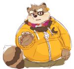  2022 anthro band-aid bandage black_nose bottomwear brown_body canid canine clothed clothing collar cute_fangs kemono male mammal natamaru_a overweight overweight_male pants raccoon_dog simple_background sketch solo tanuki 