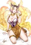  1girl absurdres ahri_(league_of_legends) animal_ears arm_support bangs bare_shoulders blonde_hair bracelet breasts brown_hair cleavage collarbone commentary_request facial_mark fox_ears fox_tail hand_up highres jewelry k/da_(league_of_legends) k/da_ahri kneeling large_breasts league_of_legends multicolored_hair multiple_tails official_alternate_costume parted_bangs saliva short_hair simple_background solo tail teeth tongue tongue_out two-tone_hair wei_miao whisker_markings white_background 