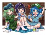  3girls @_@ arm_up bangs beer_can blush cabbie_hat camouflage camouflage_headwear camouflage_jacket can collar commentary_request cucumber cup drunk frilled_collar frills green_hair greyscale hair_bobbles hair_ornament hat highres holding holding_can howhow_notei jacket kawashiro_nitori monochrome mug multiple_girls open_mouth puffy_short_sleeves puffy_sleeves short_sleeves sitting socks touhou two_side_up wavy_hair white_legwear yamashiro_takane 