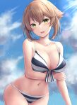  1girl anchor_earrings bikini blue_sky blush breasts brown_hair cleavage collarbone day earrings flipped_hair green_eyes hand_on_own_arm highres jewelry kantai_collection large_breasts looking_at_viewer monoku mutsu_(kancolle) navel open_mouth outdoors short_hair sky solo striped striped_bikini sunlight swimsuit two-tone_bikini 