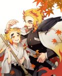  2boys :d animal_on_shoulder autumn_leaves belt bird bird_on_shoulder black_jacket black_pants blonde_hair breast_pocket broom brothers buttons commentary_request crow falling_leaves fingernails flame_print hand_up haori happy heads_together highres holding holding_broom jacket japanese_clothes kanzaki_(bluegarden) katana kimetsu_no_yaiba kimono leaf long_sleeves looking_at_another lower_teeth male_focus medium_hair mismatched_eyebrows multicolored_hair multiple_boys open_mouth pants pocket ponytail red_hair rengoku_kyoujurou rengoku_senjurou scabbard sheath short_hair siblings sidelocks simple_background smile sword teeth thick_eyebrows tongue two-tone_hair uniform upper_body upper_teeth weapon white_background white_belt white_kimono 