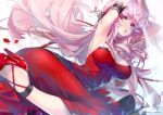  1girl bangs bare_shoulders blush breasts cleavage dress high_heels hololive hololive_english hong_(white_spider) large_breasts long_hair looking_at_viewer mori_calliope open_mouth pink_eyes pink_hair red_dress solo thighs virtual_youtuber 