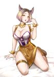  1girl absurdres ahri_(league_of_legends) animal_ears arm_support bangs bare_shoulders blonde_hair bracelet breasts brown_hair cleavage collarbone facial_mark fox_ears hand_up highres jewelry k/da_(league_of_legends) k/da_ahri kneeling large_breasts league_of_legends multicolored_hair official_alternate_costume parted_bangs saliva short_hair simple_background solo teeth tongue tongue_out two-tone_hair wei_miao whisker_markings white_background 