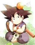  1boy black_eyes black_hair bracelet child dot_mouth dougi dragon_ball dragon_ball_(classic) dragon_ball_(object) jet_yowatari jewelry male_focus monkey_tail nyoibo sash sitting solo son_goku tail white_sash 