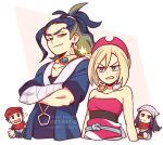  2boys 2girls adaman_(pokemon) akari_(pokemon) anger_vein arm_wrap artastiq artist_name bare_arms blonde_hair blue_coat blue_eyes blue_hair brown_eyes clenched_teeth closed_mouth coat collar collarbone commentary crossed_arms earrings eyelashes flying_sweatdrops glaring green_hair hairband half-closed_eyes highres irida_(pokemon) jewelry medium_hair multicolored_hair multiple_boys multiple_girls pokemon pokemon_(game) pokemon_legends:_arceus red_hairband rei_(pokemon) sash shirt smile strapless strapless_shirt sweatdrop teeth watermark 