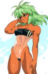  1girl antenna_hair bare_arms bare_shoulders breasts brown_eyes collarbone commentary dark-skinned_female dark_skin emerada_(xenogears) green_hair gris_swimsuit hand_in_hair highres long_hair looking_away medium_breasts meme_attire navel optionaltypo see-through_swimsuit solo xenogears 