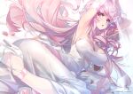  1girl bangs bare_shoulders blush breasts cleavage dress high_heels hololive hololive_english hong_(white_spider) large_breasts long_hair looking_at_viewer mori_calliope open_mouth pink_eyes pink_hair solo thighs virtual_youtuber white_dress 