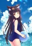  1girl animal_ear_fluff animal_ears ass azur_lane ball beach beachball black_hair blue_swimsuit blush brown_eyes cloud cloudy_sky cowboy_shot eyebrows_visible_through_hair fox_ears hime_cut light_particles looking_at_viewer looking_back m_ko_(maxft2) nagato_(azur_lane) ocean old_school_swimsuit one-piece_swimsuit outdoors school_swimsuit sky solo swimsuit water 