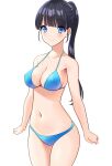  1girl absurdres arms_at_sides bangs bare_arms bare_legs bikini black_hair blue_bikini blue_eyes blunt_bangs blush breasts cleavage clenched_hand closed_mouth collarbone commentary eyebrows_visible_through_hair highres long_hair looking_at_viewer marui_koishi medium_breasts navel original ponytail simple_background smile solo standing swimsuit white_background 