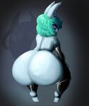  2022 5_toes anthro big_butt butt feet female fur green_hair grey_body grey_fur hair hi_res huge_butt hyper hyper_butt latex_armwear latex_legwear league_of_legends looking_back riot_games shadowfirdark sitting solo thick_thighs toes vex_(lol) video_games wide_hips yordle 