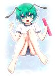  1girl alternate_costume antennae bangs barefoot black_buruma blush buruma commentary_request eyebrows_visible_through_hair flat_chest full_body green_eyes green_hair gym_uniform hair_between_eyes holding looking_at_viewer mofupaka open_mouth relay_baton shirt short_hair smile solo touhou white_shirt wriggle_day wriggle_nightbug 