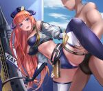  1boy 1girl arknights bagpipe_(arknights) bagpipe_(queen_no._1)_(arknights) bangs bar_censor bare_shoulders black_male_underwear blue_legwear blue_shorts blue_sky blunt_bangs bottomless breasts censored cloud commentary_request crop_top faceless faceless_male fingerless_gloves from_side gloves hetero highres horns large_breasts leg_lift long_hair looking_at_another looking_back male_underwear midriff navel nude official_alternate_costume orange_hair outdoors panties panty_peek penis pink_panties purple_eyes short_shorts shorts showgirl_skirt skirt sky standing standing_on_one_leg stomach sweat thighhighs tosaka_(tosaka0001) underwear yellow_skirt 