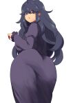  1girl @_@ absurdres ahoge alternate_breast_size ass ass_focus bangs black_dress black_hair breasts dress from_behind hair_between_eyes hairband hex_maniac_(pokemon) highres huge_ass large_breasts long_dress long_hair looking_at_viewer looking_back messy_hair minakami_(flyingman555) open_mouth pokemon purple_hairband simple_background solo thighs very_long_hair 