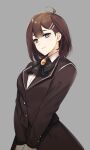  1girl ap5ry bangs black_coat black_neckwear blue_eyes breasts brown_hair buttons coat collared_shirt grey_background hair_ornament hairclip highres hod_(lobotomy_corporation) jewelry library_of_ruina lobotomy_corporation long_sleeves shirt short_hair smile solo 