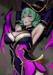  absurdres armpits bangs bewitching_elise black_dress black_headwear black_sleeves blush breasts brown_background bug detached_sleeves dress elise_(league_of_legends) eyebrows_visible_through_hair green_hair halloween highres large_breasts league_of_legends pink_dress pink_wings shiny shiny_hair short_hair signature smile solo spider sweat two-tone_dress two-tone_headwear two-tone_wings upper_body wei_miao wings 