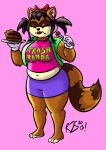  accessory anthro bottomwear breasts cake clothing collared_shirt dessert english_text female food gloves hair_accessory hair_bow hair_ribbon handwear mammal markings midriff navel overweight pot_belly procyonid raccoon rebbecca_valentine ribbons ring_(marking) ringtail ronnieraccoon skirt slightly_chubby tail_markings text trash_panda under_shirt white_clothing white_gloves white_handwear 