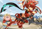  aegis_sword_(xenoblade) bangs black_gloves breasts chest_jewel earrings fingerless_gloves ga-chan24 gloves highres jewelry kirby kirby_(series) large_breasts pyra_(xenoblade) red_eyes red_hair red_legwear red_shorts short_hair short_shorts shorts super_smash_bros. swept_bangs sword thighhighs tiara weapon xenoblade_chronicles_(series) xenoblade_chronicles_2 