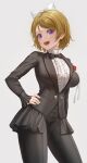  1girl :d absurdres black_bow black_pants bow brown_hair center_frills commentary cowboy_shot eyebrows_visible_through_hair flower frills grey_background hair_bow hand_on_hip highres koizumi_hanayo looking_at_viewer love_live! open_mouth pants pocket purple_eyes red_flower rose shirt short_hair simple_background smile solo standing suit_jacket teeth upper_teeth white_bow white_shirt yj 
