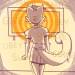  1:1 ambiguous_gender anthro bottomwear brainwashing clothing domestic_cat felicity_(perfect_home) felid feline felis girly hypnocatto hypnosis hypnotic_screen male mammal mind_control orange_rings_(pattern) skirt solo television text 