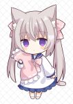  1girl animal_ears bangs blue_sailor_collar blush_stickers cat_ears cat_girl cat_tail chibi closed_mouth commentary_request dress eyebrows_visible_through_hair frilled_pillow frills full_body grey_hair hair_between_eyes hair_ribbon heart highres long_hair long_sleeves looking_at_viewer nakkar object_hug original pillow pillow_hug pink_ribbon puffy_long_sleeves puffy_sleeves purple_eyes ribbon ribbon_trim sailor_collar sailor_dress sleeves_past_wrists socks solo standing tail twintails very_long_hair white_dress white_legwear 