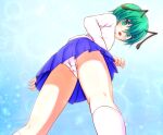  1girl alternate_costume antennae ass bangs blue_skirt blush cameltoe commentary_request eyebrows_visible_through_hair feet_out_of_frame flat_chest from_below green_eyes green_hair hair_between_eyes looking_at_viewer looking_down miniskirt mofupaka open_mouth panties pantyshot pleated_skirt shirt short_hair skirt socks solo touhou underwear white_legwear white_panties white_shirt wriggle_nightbug 