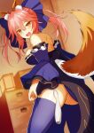  1girl absurdres animal_ear_fluff animal_ears artist_request blue_bow blue_kimono blue_legwear blue_ribbon blush bow breasts eyebrows_visible_through_hair fang fate/extella fate/extra fate/extra_ccc fate/grand_order fate_(series) fox_ears fox_girl fox_tail hair_ribbon highres indoors japanese_clothes kimono large_breasts looking_at_viewer looking_back open_mouth over-kneehighs pink_hair ribbon solo split_ponytail tail tamamo_(fate) tamamo_no_mae_(fate/extra) thighhighs yellow_eyes 