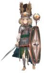  1girl armor asymmetrical_armor bitchcraft123 blonde_hair chainmail cloak full_body greaves green_cloak green_eyes helmet highres holding holding_shield holding_sword holding_weapon original pauldrons plaid plaid_cloak sandals shield shoulder_armor simple_background solo standing sword tail weapon white_background 
