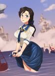  1girl aircraft airship barleyshake bioshock_(series) bioshock_infinite black_hair blue_eyes blue_skirt blue_sky bow braid breasts building choker cloud commentary dirigible elizabeth_(bioshock_infinite) english_commentary hair_bow highres long_hair looking_at_viewer neckerchief outdoors partially_submerged ponytail see-through shirt signature skirt sky solo water wet wet_clothes wet_shirt wringing_clothes wringing_skirt 