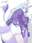  4_fingers absurd_res anthro asian_clothing big_breasts big_butt blue_eyes blue_hair breasts butt canid canine clothing east_asian_clothing female fingers fox genitals hair hi_res japanese_clothing kemono kimono lily_mari long_hair mammal mature_female multicolored_ears multicolored_hair multicolored_tail presenting presenting_hindquarters pussy solo spread_pussy spreading takeshi_kemo thick_thighs white_body wide_hips 
