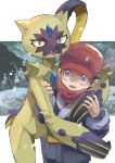  1boy absurdres alternate_color black_hair blush chest_jewel claws fangs forehead_jewel green_eyes hat highres hug mboriasu open_mouth pokemon pokemon_(creature) pokemon_(game) pokemon_legends:_arceus red_headwear red_scarf rei_(pokemon) scarf shiny_pokemon sneasler snow snowing 