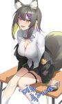  1girl :d animal_ear_fluff animal_ears arm_support arms_at_sides bangs black_hair black_jacket black_skirt blonde_hair blue_hair blush bralines breasts cleavage collared_shirt colored_inner_hair commentary_request copyright_request dress_shirt feet_out_of_frame flipped_hair fox_ears fox_tail grey_hair hair_ornament hairclip highres jacket korean_commentary large_breasts lipstick long_sleeves looking_at_viewer makeup medium_hair miniskirt mixed-language_commentary multicolored_hair off_shoulder open_clothes open_jacket partially_unbuttoned pleated_skirt pocket_watch purple_hair see-through shirt sidelocks simple_background sitting skirt smile socks solo star741 sticker streaked_hair tail thigh_strap untucked_shirt virtual_youtuber watch white_background white_legwear white_shirt yellow_eyes 