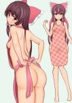  1girl apron ass back bangs blush bow breasts brown_hair collarbone eyebrows_visible_through_hair frilled_bow frills hair_bow hair_tubes hakurei_reimu highres kim0501 long_hair looking_at_viewer naked_apron nude red_bow red_eyes sideboob sidelocks simple_background small_breasts smile solo thighs touhou tying tying_apron white_background 